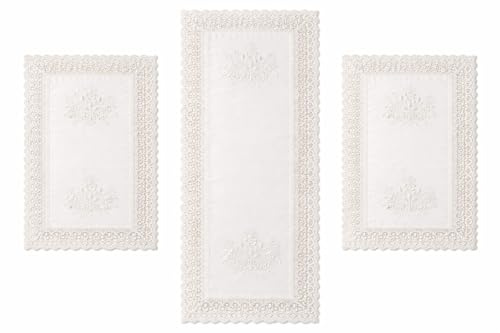 Corredocasa Tris Centrini Ricamati a Mano, Misto Lino Set 1 Runner da Tavola Rettangolare 40x90 cm e 2 Centri Tavola 30x40 cm Centrini Moderni per Mobili, Cucina, Sala da Pranzo (Disegno 1 Bianco)