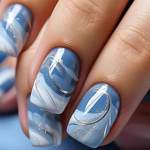 Blue Abstract Press On Nails, Short Square, Glossy Gold Detail, 24-Piece | White Sweeping Pattern, Silver-Toned Glitter, Includes Application Tools, For Everyday Manicures And Social Events
