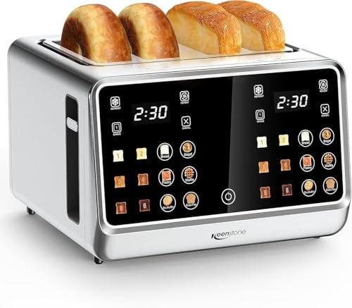 Toaster 4 Slice with TouchScreen, Memory Function & Single-Slot Focus, Keenstone 1800W Smart Digital Toaster for Ultimate Control, Wide Slot to Reheat & Defrost Bagels, Bread, Waffles, Stainless Steel
