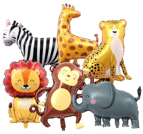 Ovanda 6 Stück Luftballons Tiere,Folienballon Tiere,Helium Ballon | Tierflienballon,Waldtiere Geburtstag Deko,Dschungel Safari Luftballons,Löwe,Leopard,Giraffe,Zebra,Elefant,Affe Ballon Deko