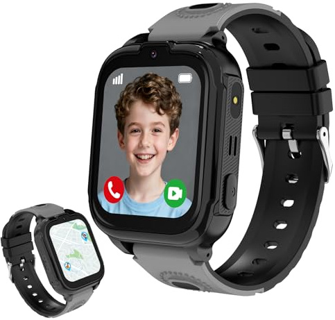 POFIBO Smartwatch Kinder mit GPS und Telefon - 4G Kinder Smartwatch mit SOS-Notruf, Schulmodus, Sprachchat, Wecker und Langer Akkulaufzeit für Videoanrufe,Geschenk für Mädchen/Junge(Schwarz)
