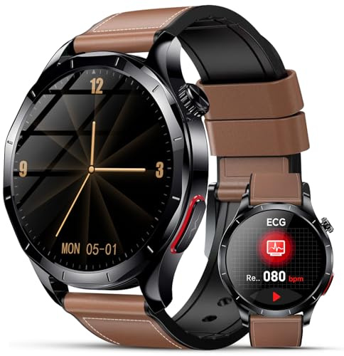 Lgnitek 2026 Neu Smartwatch Herren mit EKG/HRV/ΒΙυτｚυcker/BMI/Harnsäure, 1,43 AMOLED Gesundheitsuhr mit 24H ΒΙυtdrυck SpO2 Apnoe Schlafmonitor SOS-Notruf Fitnessuhr Android/iOS, Braun Lederarmband