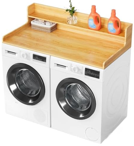 Waschmaschinen Und Trockner Arbeitsplatte Mit 2-stufigem Regal, 137 X 70 Cm Große Arbeitsplatte Aus Holz Mit Rutschfesten Pads Und Kantenschutz Für Ordnung Und Stauraum Im Waschraum