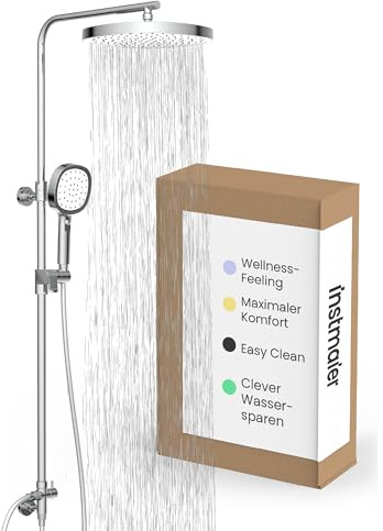 instmaier Cleo | Regendusche | Handbrause | große Kopfbrause | Chrom/Weiß | Welness Dusche | Höhenverstellbar | Überkopfbrauseset | Handbrause 2 Strahlarten | Duschsystem | Wasserstopp | Duschpaneel