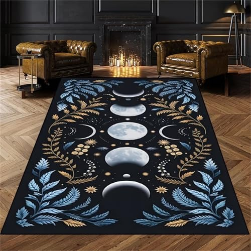 Vintage Blättermotiv Teppich, 60x110cm Schwarzer Mondphasenmotiv Teppich Gothic Hexenkunst Teppiche, Rutschfester, Waschbarer Botanischem Teppiche Druck für Wohnzimmer, Schlafzimmer, Esszimmer