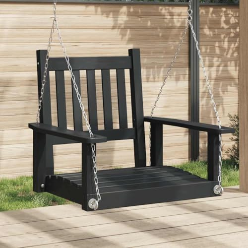 Ziaphsol Sedia sospesa da giardino in legno di abete massiccio, altalena da giardino nera con catene in metallo, 73,5 x 65 x 63 cm, resistente alle intemperie, per terrazza, veranda, balcone e