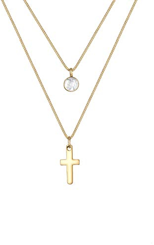 Elli Halskette Damen Kreuz Layer Mondstein Geo in 925 Sterling Silber vergoldet