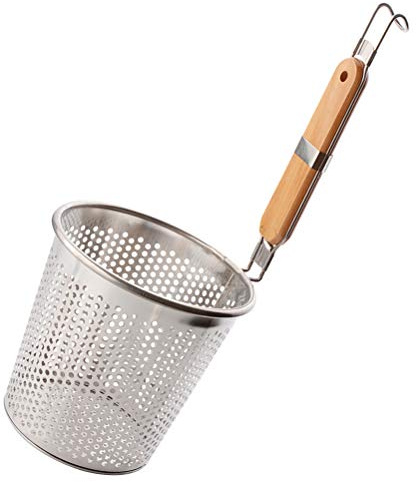 BESTonZON Edelstahl Nudelsieb Mit Holzgriff Feines Mesh Siebkorb Für Pasta Und Knödel Tiefer Skimmer Mit Abtropfring Küchenhelfer Für Sicheren Lebensmitteltransport 15.00In X 6.30In X 6.89In