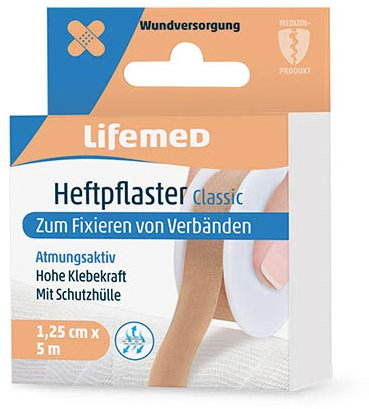 Lifemed - Heftpflaster 5 m x 1,25 cm hautfarben Classic - einfaches Fixieren von Verbänden, 3er Pack (3 x 1 Stück)