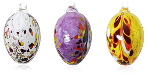 Lauschaer Glas 3 Ostereier groß XXL aus Glas mit Granulat weiß, flieder, gelb L 11cm, d 8cm mundgeblasen handgeformt Glasei (d 8cm L 11cm, Farben-Set)