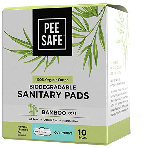 PEESAFE el algodón orgánico, Toallas sanitarias biodegradables (Pack de 10, Durante la Noche)