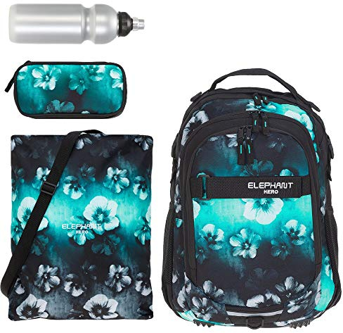 4 Teile Set Rucksack Elephant Hero Signature Schulrucksack + Mäppchen + Beutel + Flasche rbmf (Flower Türkis-Schwarz)