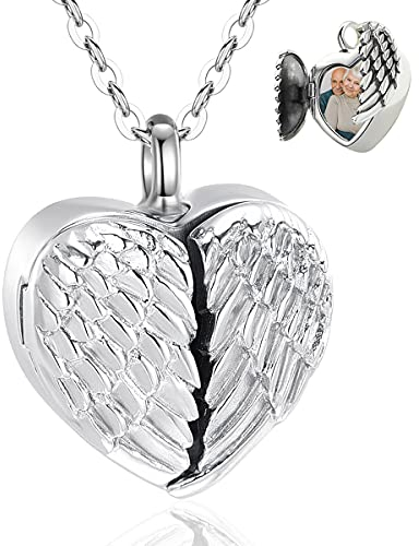 EUDORA Personalisierte Urnen Kette mit Gravur Herz Asche Kette mit Foto Silber 925 Urne für Asche Engelsflügel Medaillon Anhänger Feuerbestattung Andenken Schmuck Einäscherung Halskette