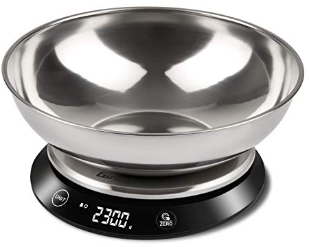 Girmi PS84 Bilancia da Cucina, Capacità ciotola 1 Litro, 1 gr/ 5 Kg, Display Alta Luminosità, Ciotola e piatto Inox, Austopegnimento, Funzione Tara, Nero