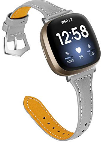 Gimart UK Lederarmband kompatibel für Fitbit Versa 3/Sense, Damen Herren Slim Echtes Leder Sport Band Ersatz Uhrenarmband Armband für Versa 3 Fitness Smart Watch Klein Groß (Grau)