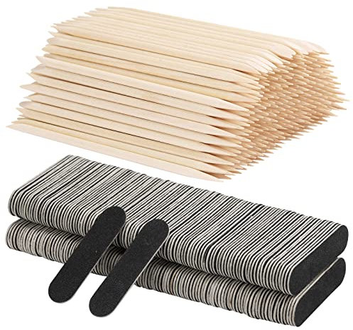 Kit de 400 limas de uñas, 200 mini limas de uñas de grano 180/240, 200 palitos de uñas naranjas, pedicura, empujadores de cutículas de madera