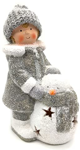 DARO DEKO Winterkind Junge mit LED Schneemann 27cm Dekofigur Weihnachtsdeko