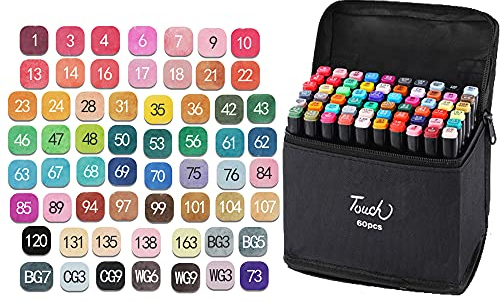 Threeon 60 Farben Alkohol Pinsel Tinte Marker,Zwei Hautton Marker Pinselspitze Permanent Sketch Marker für Erwachsene Kinder Coloring Artist Sketching Illustration Drawing Kalligraphie
