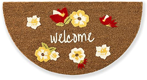 Fußmatte Kokos Natur Schmutzfangmatte - rutschfeste Türmatte robust für Innen und Außen - Coco Design Kokosmatte 40x75 cm: Welcome Blumen halbrund