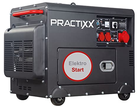 Practixx Diesel Stromerzeuger PX-SE-5000D Notstromaggregat mit Elektrostart | Leistung 7,7PS - 5000W | 2x 230V und 1x 400V Steckdose | 16L Tank | AVR System | Stromgenerator inkl. Fahrvorrichtung