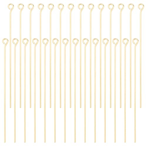 Beebeecraft 100 Stück/Box Offene Ösenstifte 18K Vergoldete Kopfstifte 50 mm Schmuckherstellungszubehör Für Charm Perlen Zum Selbermachen (Bohrung: 1.5 mm)
