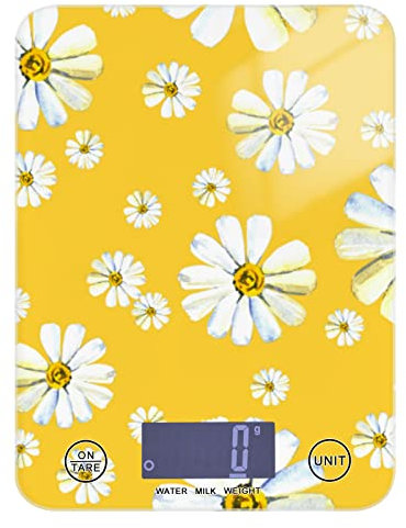 Poeticcity Big and Small White Camomile Flowers Seamless on Yellow Tempered Glass Kitchen Scales, Digital Weight Grams and Oz Food Scales for Cooking Baking Meal Prep Home Weight Loss Health Diet