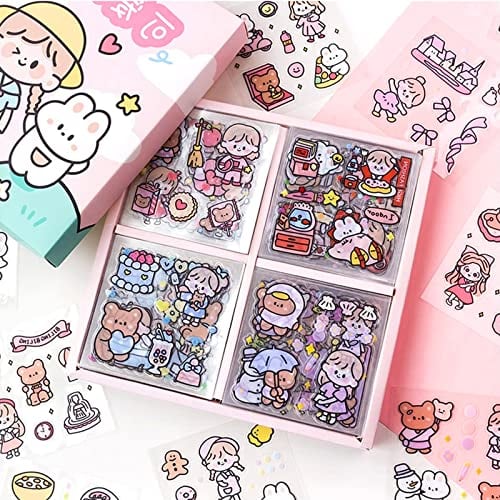 FANNAS Kawaii Sticker 100 Blätter Mini Cartoon Mädchen Aufkleber Cute Figur Sticker Set Scrapbooking PET Transparent Scrapbook, Aesthetic für Journaling, Kalender, DIY Basteln