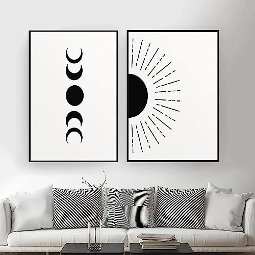HTWLMM Leinwand Bilder Sonne und Mond Malerei Schwarz-Weiß Poster Kunstdruck für Wohnzimmer Schlafzimmer Wandbilder Deko Rahmenlos (2X50X70CM)
