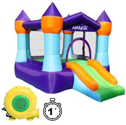 Castello Gonfiabile Azzurro Windsor per Bambini con Scivolo e Rete – Pompa 350W Inclusa