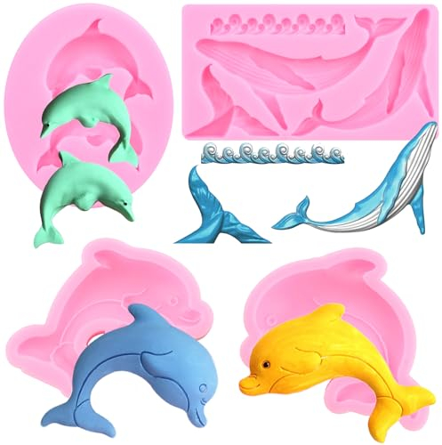 RFGHAC Delfin Silikon Fondant Formen Ozeanwellen Backform Wal Fischschwanz Delfin Schokolade Süßigkeiten Form für Zucker Kuchen Dekorieren Cupcake Topper Gummipaste Polymer Clay 4 Stück