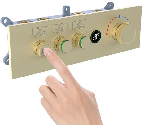 Concealed Thermostatic Brass 3 Way Outlet Function Push Button Shower Diverter Flow Control Temperature Display Mixer Valve Brushed Gold