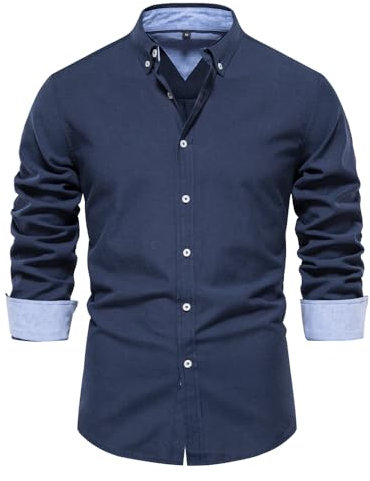 Aotoyou Chemise Coton pour Homme Col Revers Homme Chemise à Manches Longues Décontractée Ete Bleu Marine M