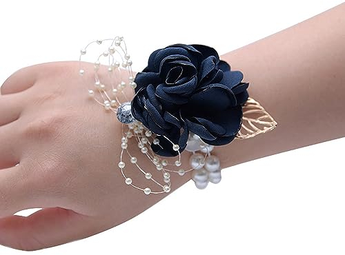 Greensen Handgelenk Corsage Rose Ansteckblume mit Perlenstretcharmband, Rose Blumen Anstecker Boutonniere und Handgelenk Blume für Hochzeit, Abschlussball, Party (Dunkelblau)