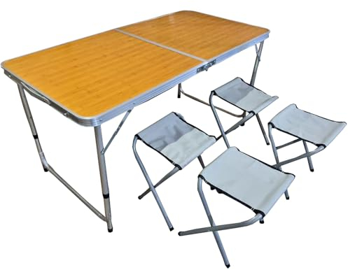 BDW Camping Sitz Garnitur - Klapptisch und 4 Stuhle - Gartenmöbel, Klappbar, Tisch 120x60 Höhenverstellbar - Biertischgarnitur - Gartenmöbel Set, Leicht, aus Aluminium - Weiß/Holz