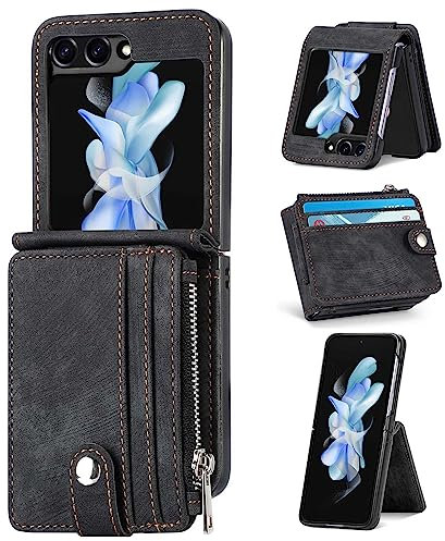 ZCDAYE Hülle für Samsung Galaxy Z Flip 6 Handytasche mit Kartenhaltern, PU Leder Handyhülle Klapphülle Stabil Hochwertige Schutzhülle für Samsung Z Flip 6 Case, Schwarz