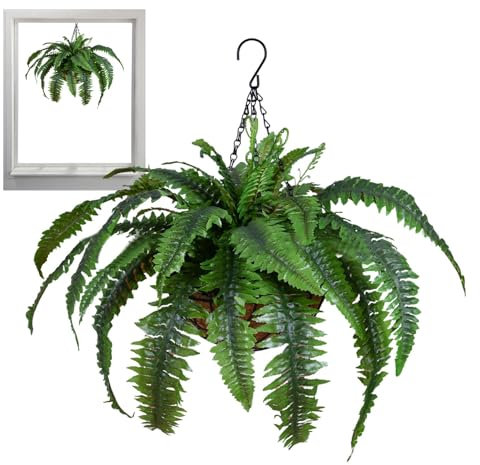 Helechos artificiales para exteriores, helechos artificiales colgados en una canasta colgante al aire libre de falsos helechos falsos de seda resistentes a los rayos UV