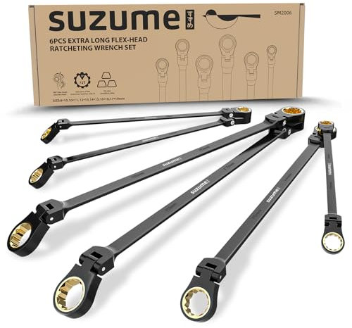 Extra langes Ratschenschlüssel-Set mit flexiblem Kopf, metrisch (8–19 mm), Doppel-Ratschenschlüssel-Set mit 180 ° Flexkopf, schwarz, elektrophoretische Beschichtung, Ratschenschlüssel-Set für die