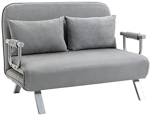 HOMCOM 2 Seater Sofa Bed, Click Clack Convertible Bed Settee, Modern Velvet Feel Fabric Sofa with 2 Cushions for Living Room, Bedroom, Guest Room, Light Grey