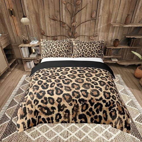 Loussiesd Leopard 100% Baumwolle Bettwäsche Set 155x220cm Gepard Bettbezug Tier Druck Safari Betten Tier Pelz für Kinder Jungen Mädchen Braun Bettwäsche-Set Atmungsaktiv Weich