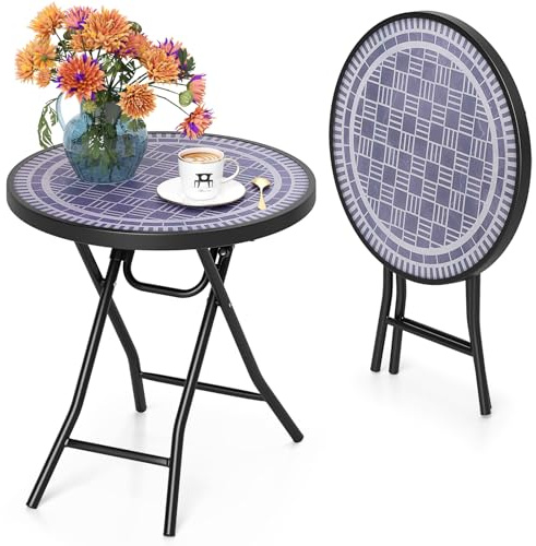 CASART Folding Patio Side Table, 46cm Round Garden Table with Tempered Glass Top, X-Shaped Metal Frame Outdoor Bistro Accent Coffee End Table for Balcony Backyard Poolside (Gray)