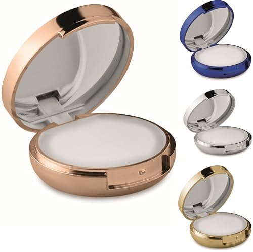 4er Set Lippenbalsam mit Make-Up Spiegel für geschmeidig zarte Lippen in runder Box mit Metallic-UV-Finish mit LSF 10 und Vanille Aroma im 4er Set Silber Gold Champagner und Blau