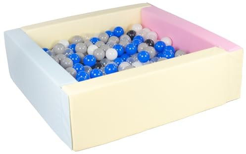 Velinda Piscine à balles carrée avec 300 balles, Cuir écologique, 5 éléments (Couleur de la Piscine/de balles: Rose, Bleu, Jaune (Pastel)/Noir, Blanc, Transparent, Bleu, Gris)