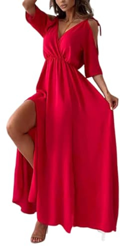 Elegant, sexig V-ringad klänning med sidoslits för kvinnor, maxiklänning med djup V-ringning och sexiga sidoslitsar för långa klänningar (röd, L)