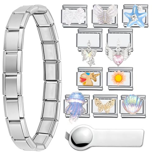 LbsAMP 13 Pièces Ensemble de Bracelet de Charme Italien | 1 Bracelet Breloque Italienne + 10 Modules Amovibles + 1 Outils D'ouverture + 1 Coffret Cadeau Charms Dans le Style Italien pour Femme