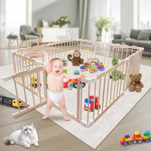 Laufstall Baby Playpen 156x156cm, Laufstall Baby Holz Faltbar Verstellbare Multi-Shape, Laufgitter Babys Sicherheitsspielplatz Schutzgitter für Kinder mit Kindersicheres Schloss & Tor