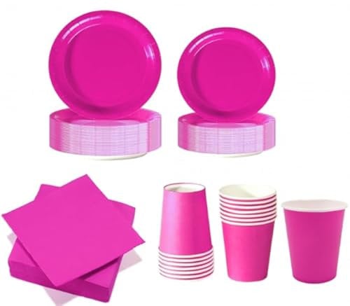WOOPARTY Set Stoviglie Carta Monouso Fucsia 112 Pezzi, Festa di Compleanno, Kit per 24 Ospiti