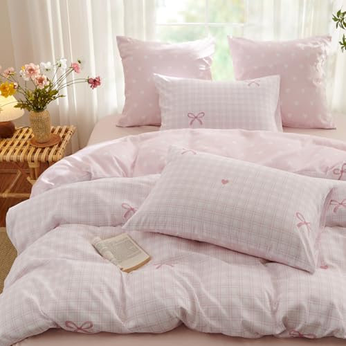 Tospass Housse de Couette Coeur 140x200cm Blanc Rose Motif du Cœur Treillis Plaid Nœud Papillon Parure de Lit en Microfibre 1 Personne Ado Filles avec Fermeture Éclair et 1 Taie d'oreiller 65x65cm