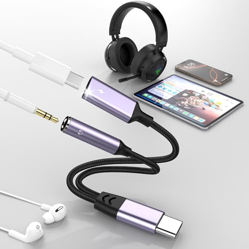 Adaptateur 2 en 1 USB C vers prise jack 3,5 mm pour casque et chargeur avec PD 60 W à charge rapide, adaptateur audio auxiliaire USB-C/répartiteur de prise casque pour iPhone 16/15/Plus/Pro/Pro Max