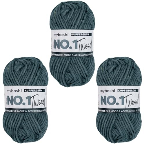 myboshi No.1 Tweed, zum Häkeln und Stricken, Schnellstrickgarn, mulesing-freie Mützenwolle, Strickwolle, Häkelwolle, 50g, Ll 55m Grün (Kupfergrün) 3 Knäuel