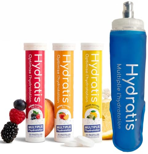 HYDRATIS - Pack 3 Tubes de Pastilles Effervescentes avec Electrolytes + Flasque 500 ml Bleu - Optimise l'Hydratation - Fruits des Bois + Pêche + Citron/Sureau